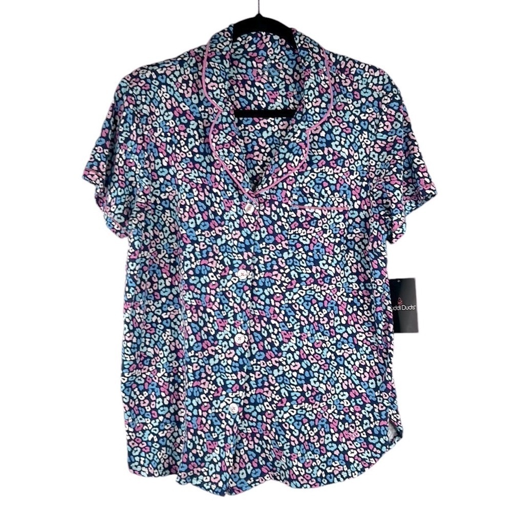 Cuddi Duds Navy Multi-Colored Leopard Super Soft Button Down PJ Top Size M New!
